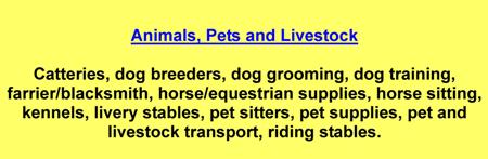 Catteries,dog breeders,dog grooming,dog training,farrier/blacksmith,horse/equestrian supplies,kennels,livery stables,pet sitters,pet supplies,pet and livestock transport,riding stables,horse sitters,horse care
